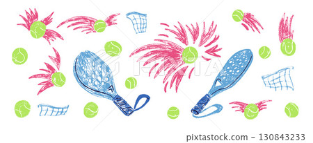 Padel tennis crayon textured set. Rackets and balls, net hand drawn doodle isolated on white background. Scribble sport equipment kids elements. Vector fitness and hobby illustration by pencil 130843233