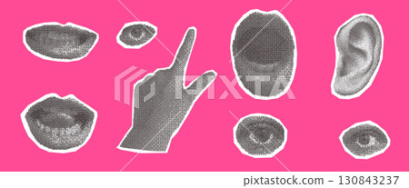 Halftone eyes, ear and hand with mouth collage set. Cutout parts of face elements for mixed media design. Pieces of newspaper or magazine pieces. Vector illustration isolated on pink background Halftone eyes, ear and hand with mouth collage set. Cutout parts of face elements for mixed media design. Pieces of newspaper or magazine pieces. Vector illustration isolated on pink background 130843237