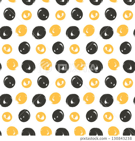 Seamless pattern polka dots. Crayon yellow and black endless background. Uneven grunge dot repeat cover. Circles continuous ornament. Surface pattern organic geometric motif. Vector illustration 130843238