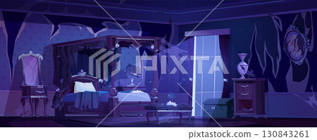 Abandoned bedroom night interior 130843261