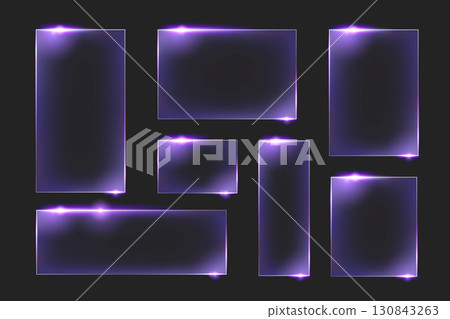Neon glass frame set with purple luminous borders 130843263
