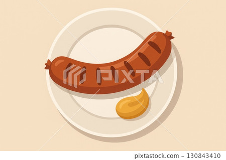 Grilled sausage on plate with mustard, flat design illustration. Grilled sausage on plate with mustard, flat design illustration. 130843410