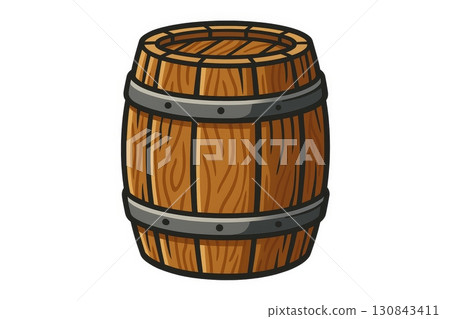 Wooden barrel with metal bands, cartoon illustration isolated on white background. Wooden barrel with metal bands, cartoon illustration isolated on white background. 130843411