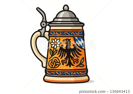 Beer stein with traditional Bavarian design, featuring eagle, flower, and blue diamond patterns isolated on white background. 130843413