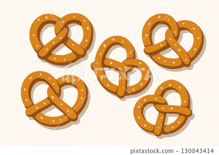 Illustration of traditional pretzels with salt isolated on white background, top view of traditional snack food for packaging or design use. Illustration of traditional pretzels with salt isolated on white background, top view of traditional snack food for packaging or design use. 130843414