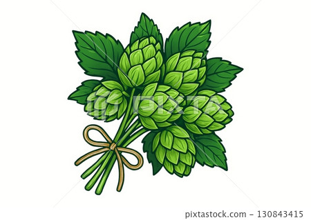 Illustration of fresh hop cones tied with a bow, used in brewing beer, isolated on white background 130843415
