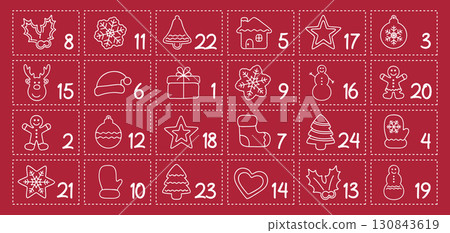 colorful childish advent calendar 24 different motifs vector illustration 130843619