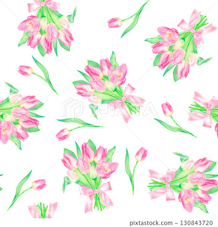 Seamless watercolor pattern with hand drawn tulip bouquet with pink ribbon and tulip. Seamless watercolor pattern with hand drawn tulip bouquet with pink ribbon and tulip. 130843720