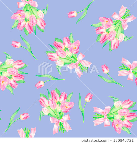 Seamless watercolor pattern with hand drawn tulip bouquet with pink ribbon and tulip. 130843721