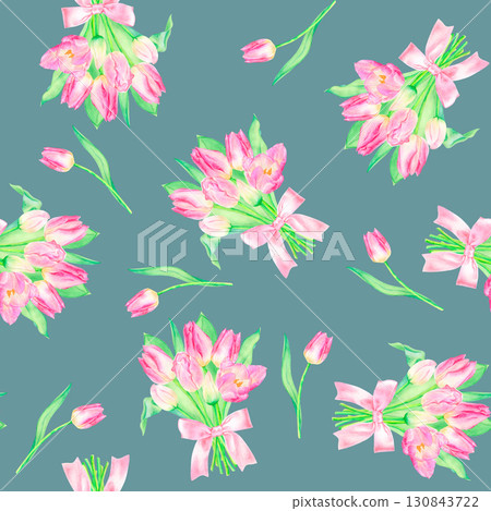 Seamless watercolor pattern with hand drawn tulip bouquet with pink ribbon and tulip. 130843722