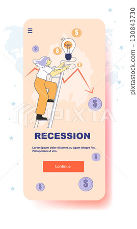 Recession economic crisis financial downturn woman climbs ladder to lightbulb over declining graph with dollar coins pastel background mobile app screen Recession economic crisis financial downturn woman climbs ladder to lightbulb over declining graph with dollar coins pastel background mobile app screen 130843730