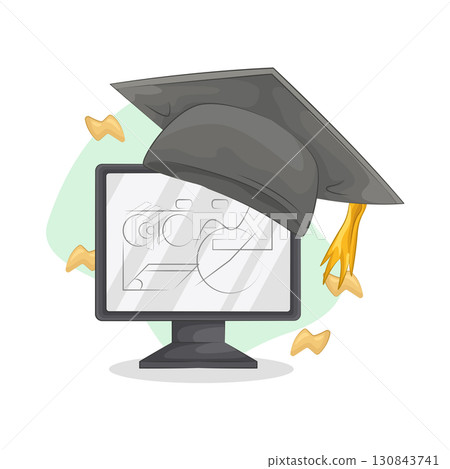 Illustration of graduation hat on monitor  130843741