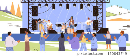Outdoor concert stage live music band performing audience enjoying event festival landscape flat people characters modern entertainment 130843749