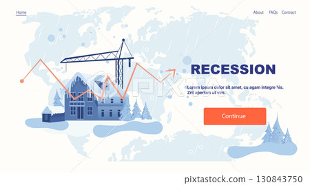 Recession economic crisis graph falling construction crane house winter background world map website banner 130843750