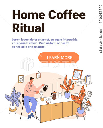 Home coffee ritual morning kitchen routine cozy man pouring drink surrounded by houseplants mugs books framed art pastel colors modern interior 130843752