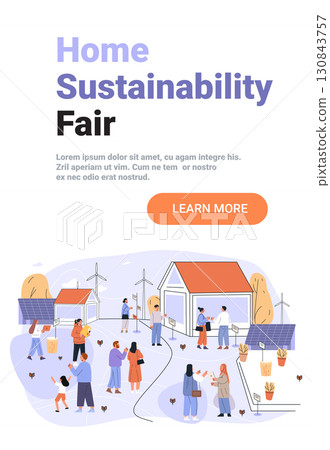 Home sustainability fair eco event people gathering wind turbines solar panels modern houses outdoor community clean energy landscape website banner 130843757