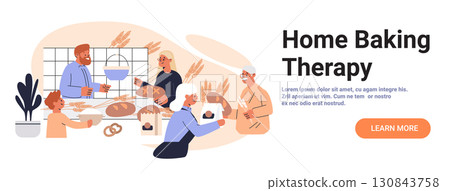 Home baking family kitchen cooking bread together group people enjoying homemade food wheat plants cozy interior flat design banner Home baking family kitchen cooking bread together group people enjoying homemade food wheat plants cozy interior flat design banner 130843758