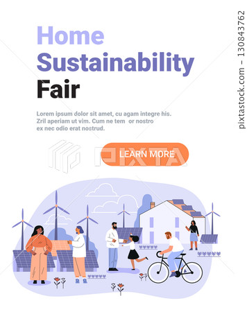 Home sustainability eco friendly living renewable energy people interacting wind turbines solar panels house cycling outdoor landscape website banner 130843762