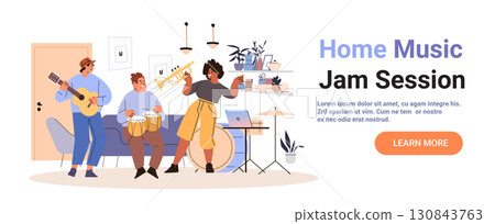 Home music jam session friends playing instruments together in cozy living room with plants shelves sofa laptop drums modern interior Home music jam session friends playing instruments together in cozy living room with plants shelves sofa laptop drums modern interior 130843763
