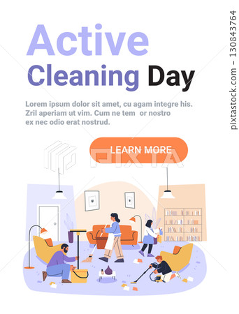 Family cleaning living room teamwork household chores modern interior people vacuuming mopping wiping dusting cozy home scene 130843764