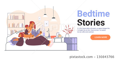 Family reading bedtime stories cozy home evening living room with bookshelves sofa children parent warm lighting plants modern decor website banner 130843766