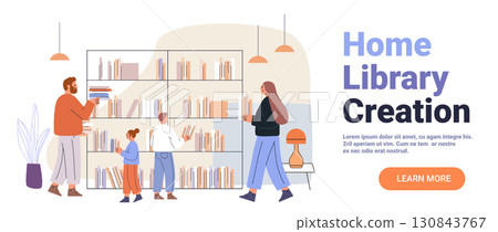 Home library family reading bookshelf organization modern interior people arranging books cozy living room decor pastel colors web banner 130843767