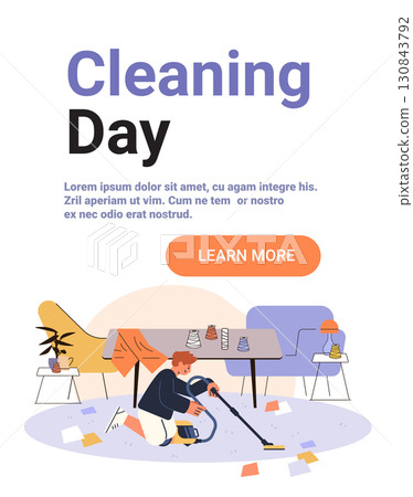 Man vacuuming carpet home cleaning living room modern furniture cozy interior scattered papers pastel colors website banner Man vacuuming carpet home cleaning living room modern furniture cozy interior scattered papers pastel colors website banner 130843792