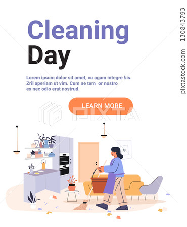 Woman cleaning modern living room kitchen interior daily chores cozy furniture plants flat color background landing page 130843793