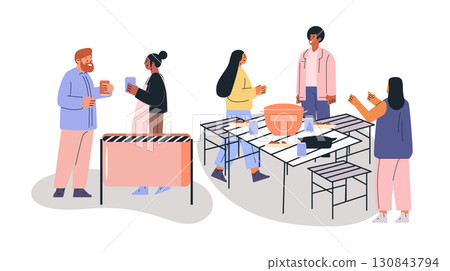 People cooking together group teamwork kitchen utensils table drinks casual clothes modern flat style 130843794