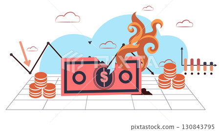 Burning dollar bill financial crisis recession concept chart with falling arrow coins and smoke on abstract background Burning dollar bill financial crisis recession concept chart with falling arrow coins and smoke on abstract background 130843795