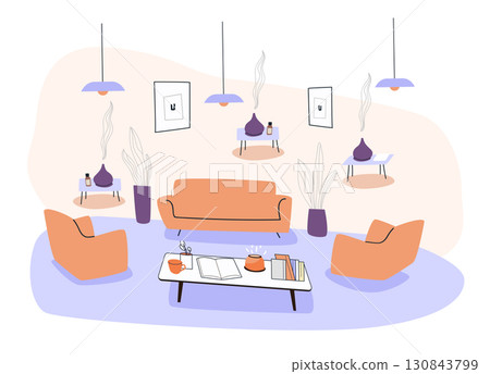 Living room interior modern cozy home decor aromatherapy diffusers plants orange furniture pastel colors minimalist style website banner 130843799