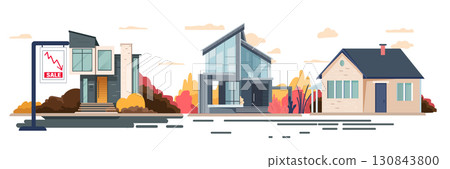 Real estate market crisis falling house prices modern homes for sale sign downward graph autumn landscape residential property downturn 130843800