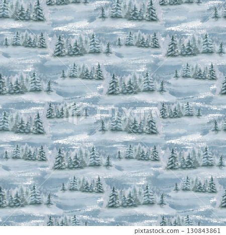 Misty pine repeated pattern monochrome watercolor. Evergreens under snow seamless background. Winter woodland hand painted repeat design for Christmas fabrics, wallpaper, and winter stationery. Misty pine repeated pattern monochrome watercolor. Evergreens under snow seamless background. Winter woodland hand painted repeat design for Christmas fabrics, wallpaper, and winter stationery. 130843861