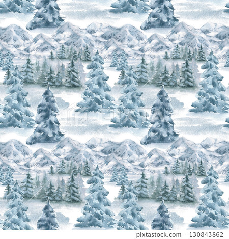 Snowy landscape watercolor seamless Pattern isolated. Endless design with evergreen trees, snowy peaks and forest hand drawn sketch. Monochrome winter forest on repeated background for textile. 130843862