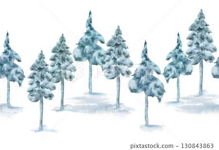 Snowy pine Christmas trees soft colors hand painted on seamless banner. Evergreen winter trees horizontal repeated border watercolor isolated. Continuous woodland pattern for seasonal fabric prints. 130843863