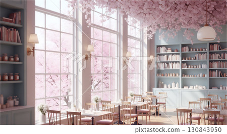 A spring cafe with a window decorated with cherry blossoms A spring cafe with a window decorated with cherry blossoms 130843950
