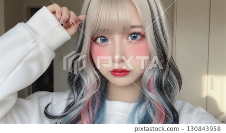 一位有著豐富多彩的頭髮顏色和獨特妝容的女人的肖像 一位有著豐富多彩的頭髮顏色和獨特妝容的女人的肖像 130843958