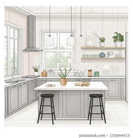 帶櫃檯的時尚廚房室內設計 130844015