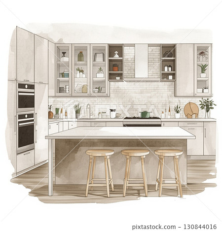 帶櫃檯的時尚廚房室內設計 帶櫃檯的時尚廚房室內設計 130844016