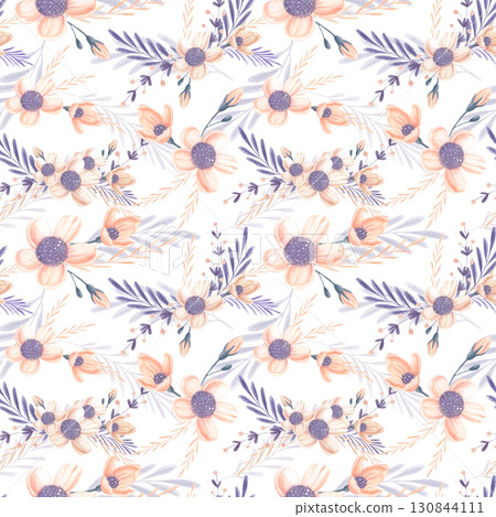 Watercolor seamless floral pattern with purple leaves and peach flowers Watercolor seamless floral pattern with purple leaves and peach flowers 130844111