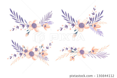 Watercolor floral arrangements with peach flowers and purple leaves Watercolor floral arrangements with peach flowers and purple leaves 130844112