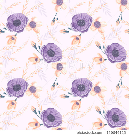 Watercolor seamless floral pattern with purple and peach flowers Watercolor seamless floral pattern with purple and peach flowers 130844113