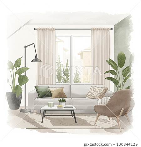 Bright living space with sofas to relax in 130844129