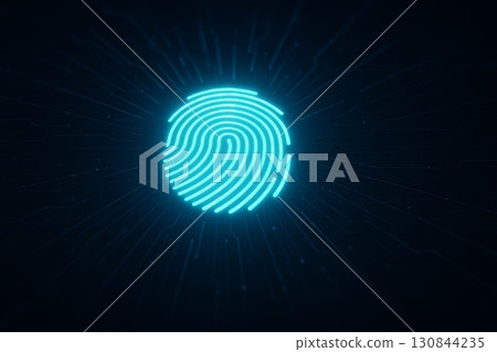 Glowing digital fingerprint on dark background, symbolizing security, technology, and biometric identity verification. 130844235