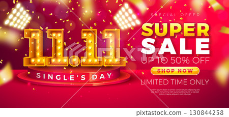 Singles Day 11 November Shopping Day Sale Design with 3d 11.11 Light Bulb Number, Stage Podium and Falling Confetti on Red Background. Chinese Mid Autumn Vector Special Offer Discount Illustration for 130844258
