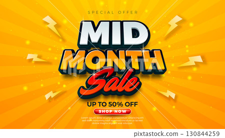 Mid Month Sale Banner Design with 3d Typography Lettering on Yellow Retro Background. Chinese Singles Day Mid Autumn Vector Shopping Day Discount Illustration for Special Offer Banner, Coupon, Voucher Mid Month Sale Banner Design with 3d Typography Lettering on Yellow Retro Background. Chinese Singles Day Mid Autumn Vector Shopping Day Discount Illustration for Special Offer Banner, Coupon, Voucher 130844259