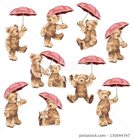 Cute bear illustrations with umbrellas, 130844347