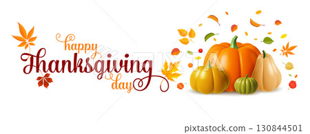 Happy Thanksgiving Lettering With Pumpkins And Fall Leaves Still Life Happy Thanksgiving Lettering With Pumpkins And Fall Leaves Still Life 130844501