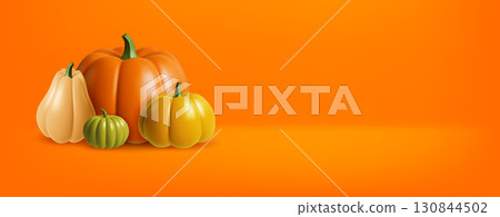 Autumn Pumpkins With Various Form And Colors On The Orange Background 130844502