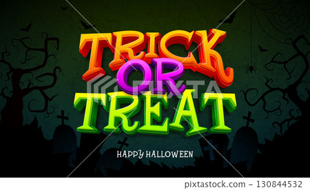 Happy Halloween Vector Illustration with Flying Bats, Spider and 3d Orange Green Trick or Treat Typography Lettering on Dark Cemetery Background. Vector Autumnal Holiday Design for Banner, Greeting Happy Halloween Vector Illustration with Flying Bats, Spider and 3d Orange Green Trick or Treat Typography Lettering on Dark Cemetery Background. Vector Autumnal Holiday Design for Banner, Greeting 130844532